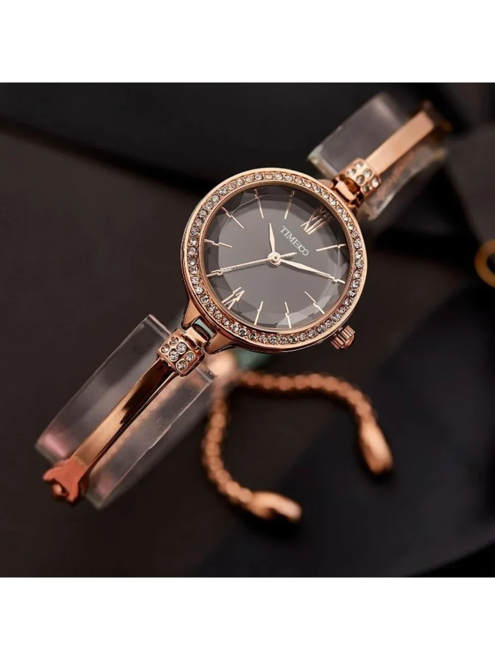 Women's Black And Gold Analog Quartz Diamonds Waterproof Movement Bracelet Watch